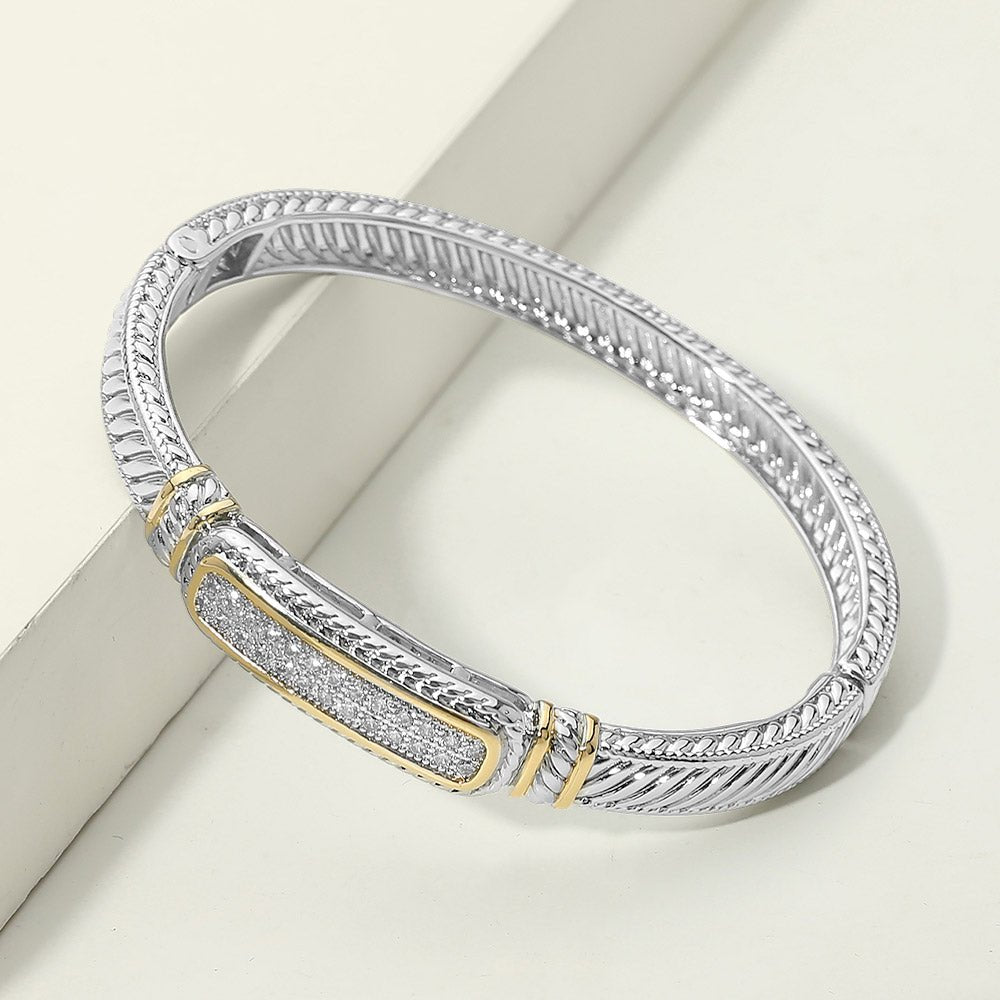 14K Gold Plated Two Tone CZ Pave Bar Accent Cable Hinged Bangle Bracelet - Southern Serenity