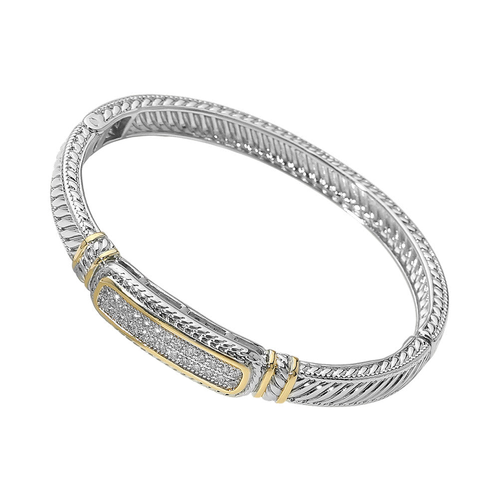 14K Gold Plated Two Tone CZ Pave Bar Accent Cable Hinged Bangle Bracelet - Southern Serenity