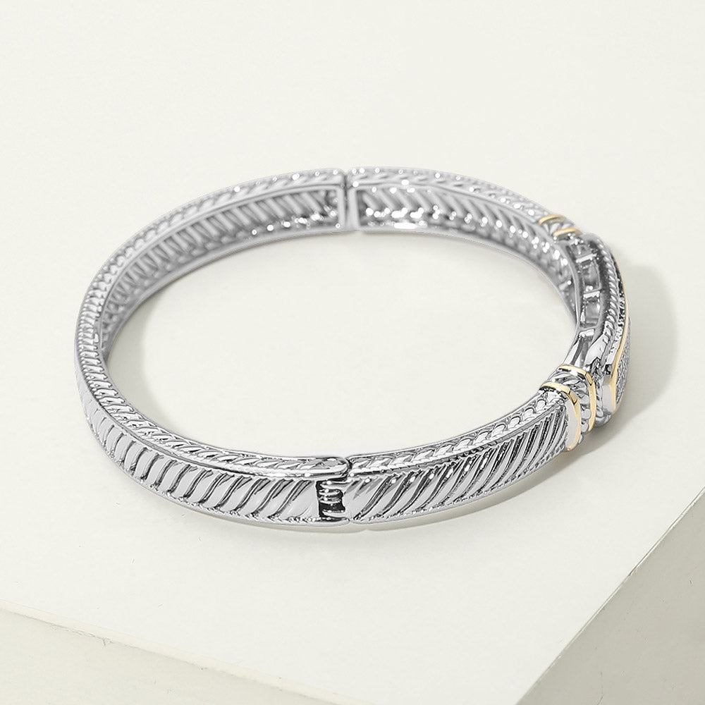 14K Gold Plated Two Tone CZ Pave Bar Accent Cable Hinged Bangle Bracelet - Southern Serenity
