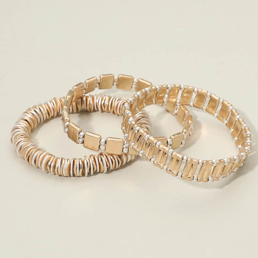 3PCS Two Tone Metal Beaded Stretch Multi Layered Bracelet Set - Southern Serenity