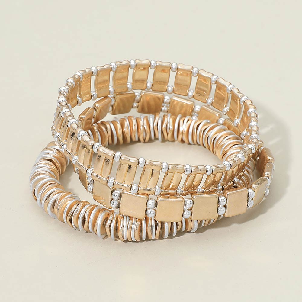 3PCS Two Tone Metal Beaded Stretch Multi Layered Bracelet Set - Southern Serenity