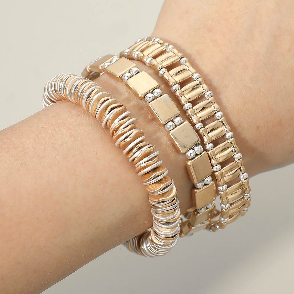3PCS Two Tone Metal Beaded Stretch Multi Layered Bracelet Set - Southern Serenity