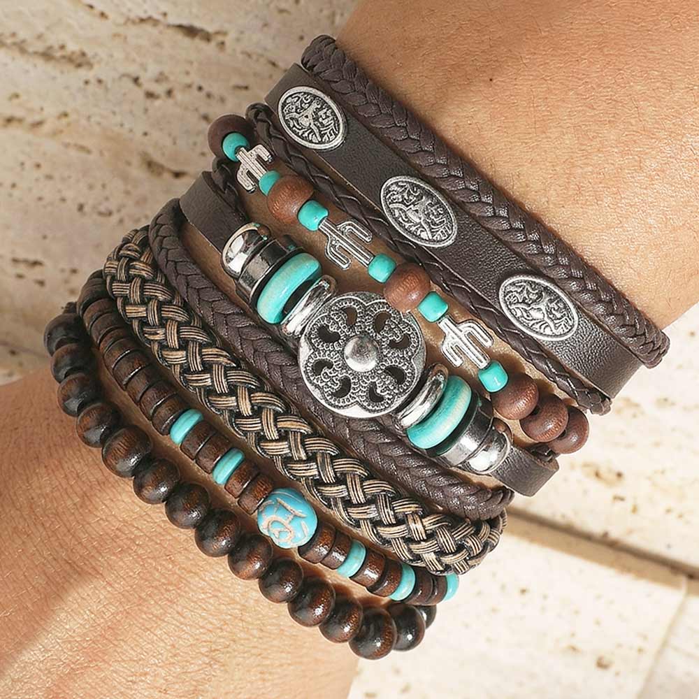 6PCS Tribal Braided Wooden Beaded Stretch Multi Layered Bracelet Set - Southern Serenity