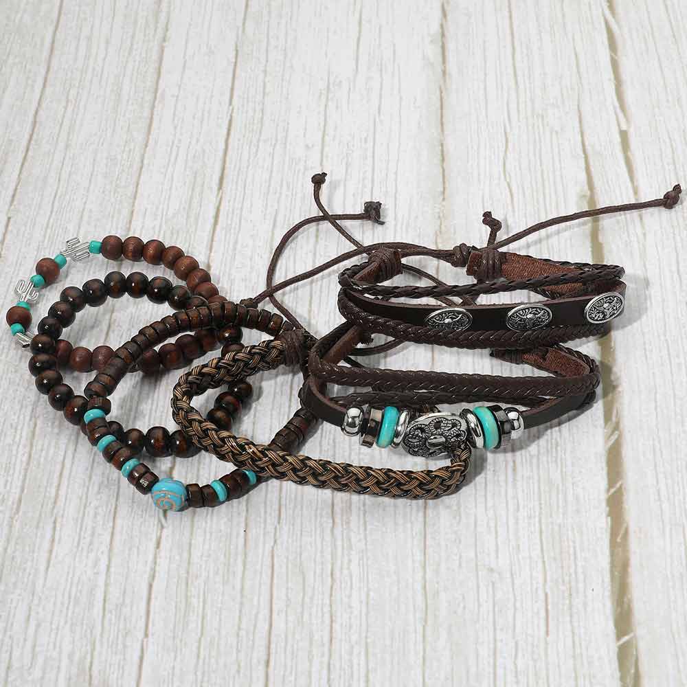 6PCS Tribal Braided Wooden Beaded Stretch Multi Layered Bracelet Set - Southern Serenity