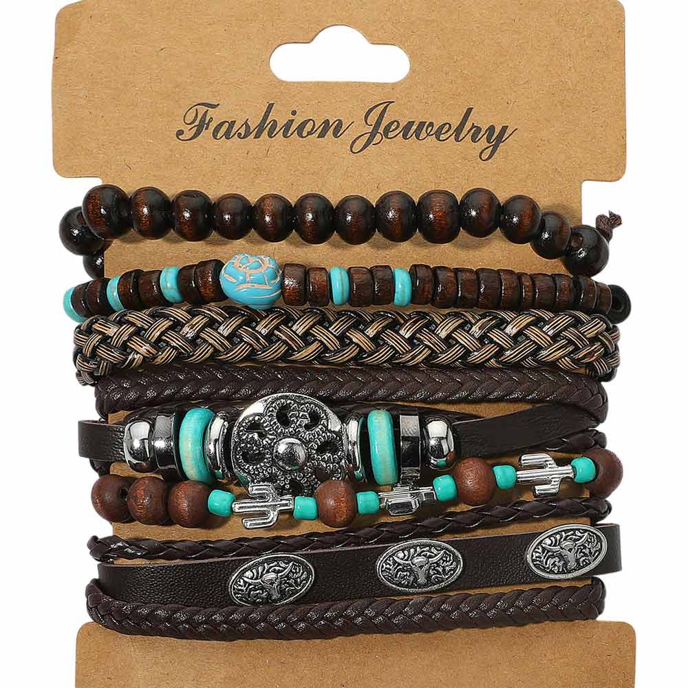 6PCS Tribal Braided Wooden Beaded Stretch Multi Layered Bracelet Set - Southern Serenity