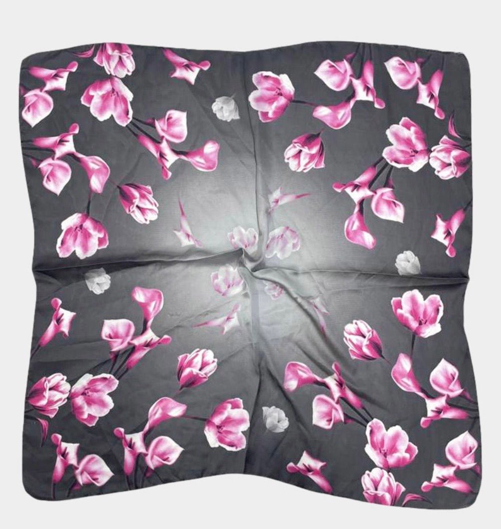 Floral Print Silky Satin Square Scarf 27" – Grey & Pink - Southern Serenity