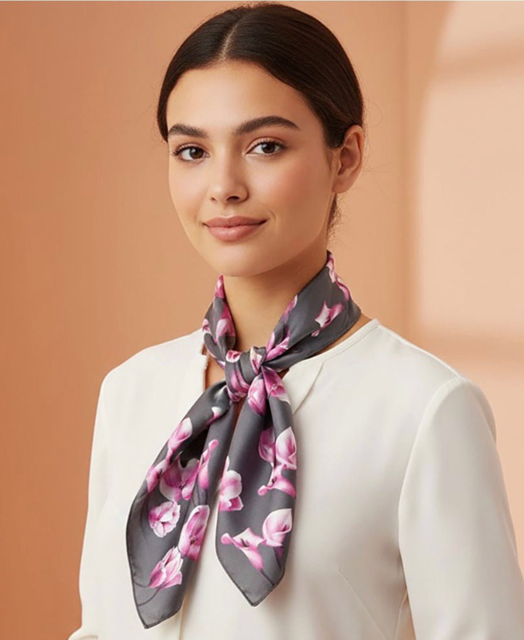 Floral Print Silky Satin Square Scarf 27" – Grey & Pink - Southern Serenity