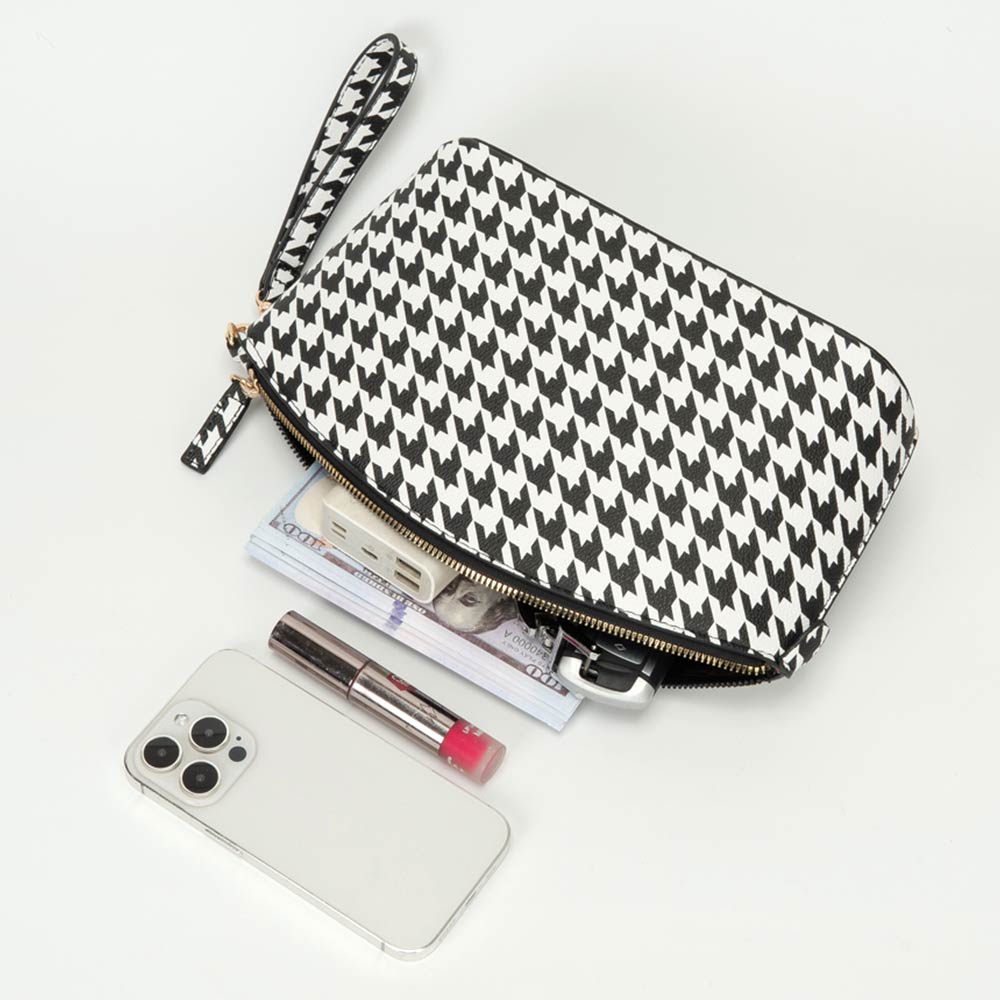 Houndstooth Faux Leather Makeup Bag — Wristlet Pouch & Beauty Organizer - Southern Serenity