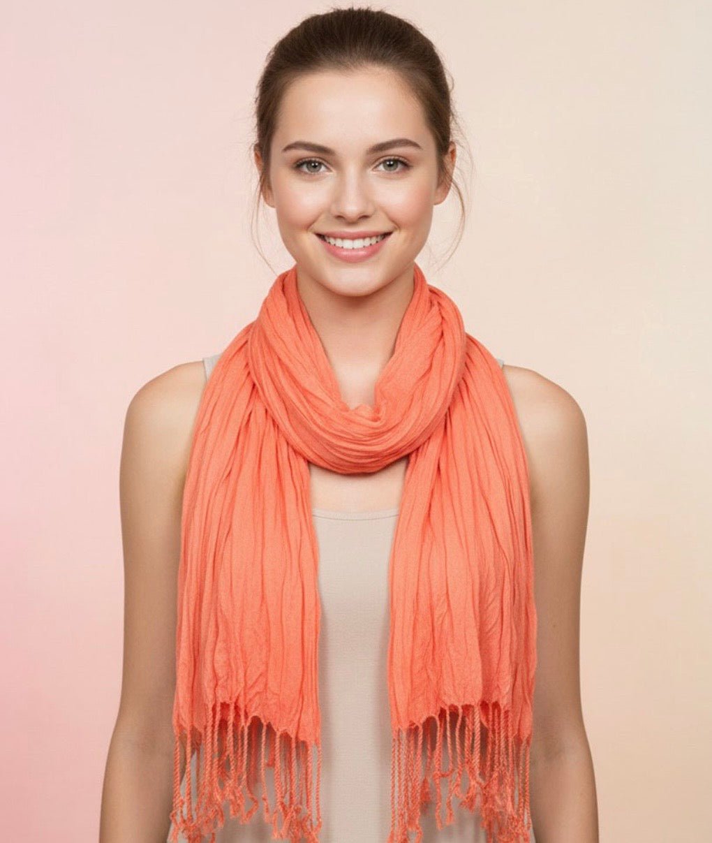 Lightweight Crinkle Tassel Scarf – Coral Orange Viscose Wrap - Southern Serenity