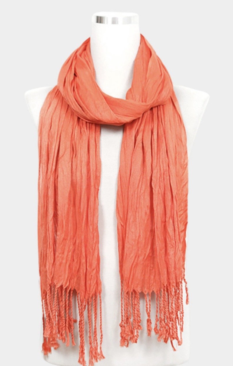 Lightweight Crinkle Tassel Scarf – Coral Orange Viscose Wrap - Southern Serenity