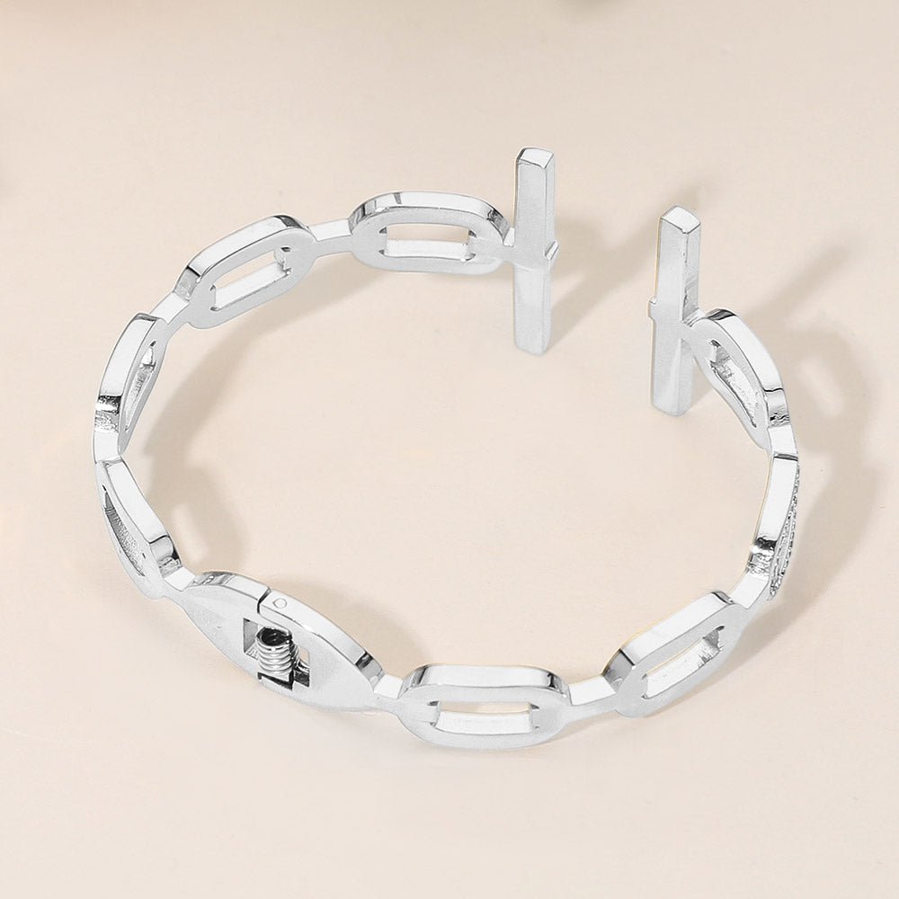 Stainless Steel Bold Rhinestone Pave Bar Tip Oval Link Hinged Cuff Bracelet - Southern Serenity