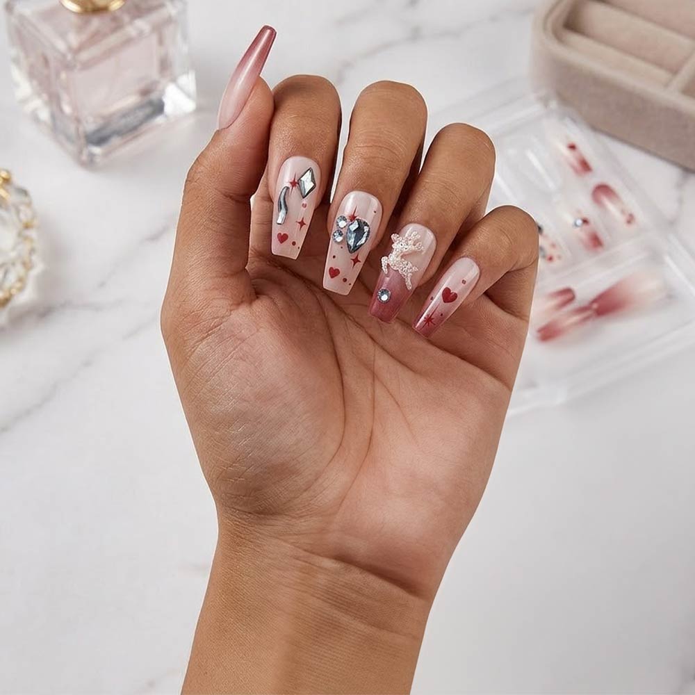 Stone Charm Embellished Press-On Nail Set (12-Piece) - Southern Serenity