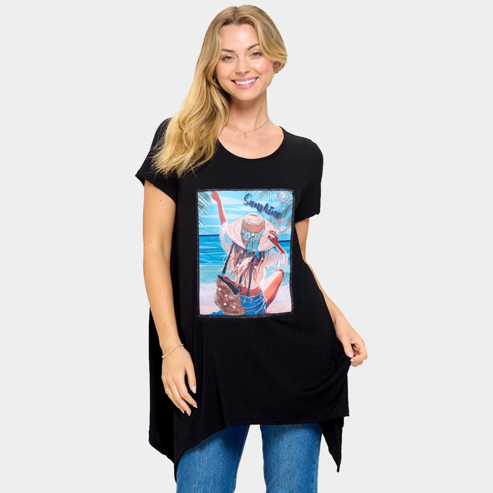 Stone Studded Sunshine Message Beach Woman Printed Half Sleeve Top - Southern Serenity