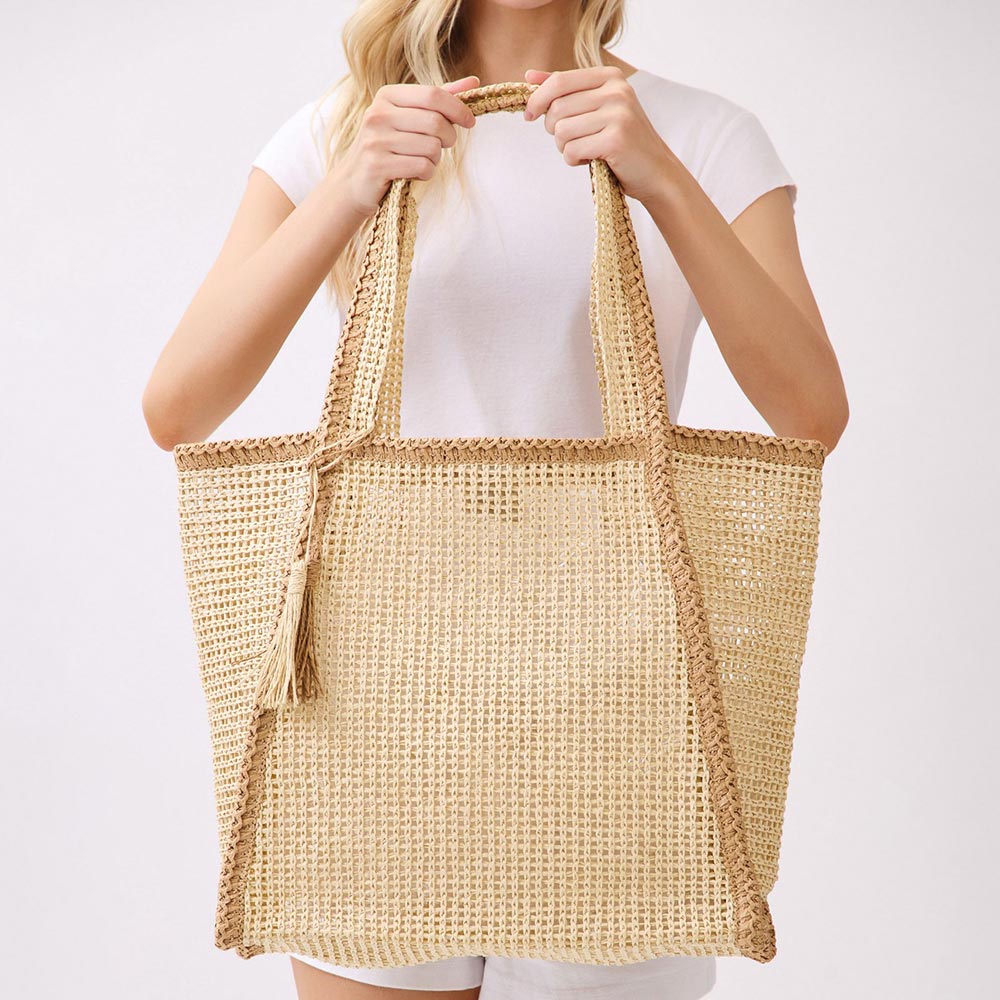 Tassel Accent Two Tone Woven Straw Tote Bag - Southern Serenity