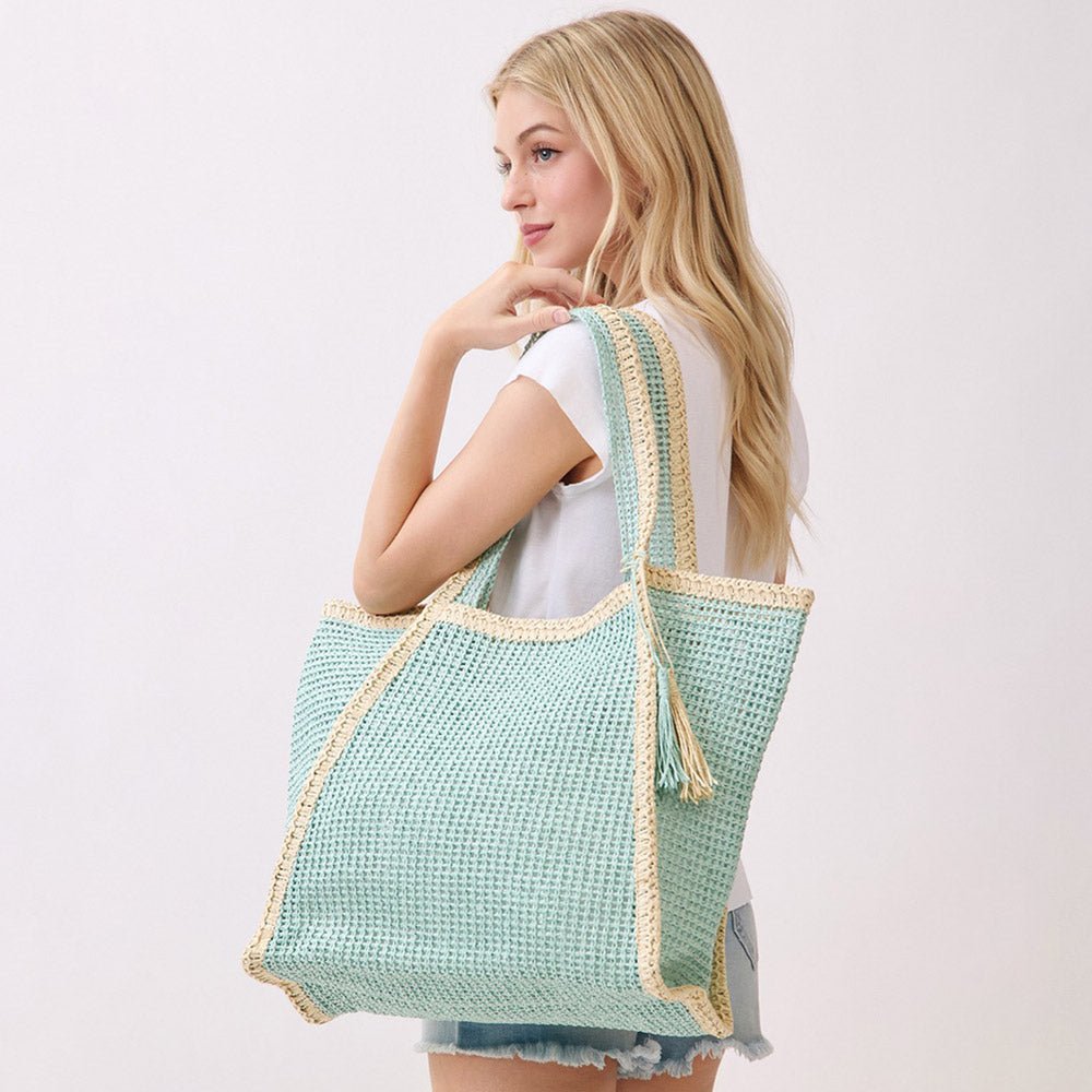 Tassel Accent Two Tone Woven Straw Tote Bag - Southern Serenity