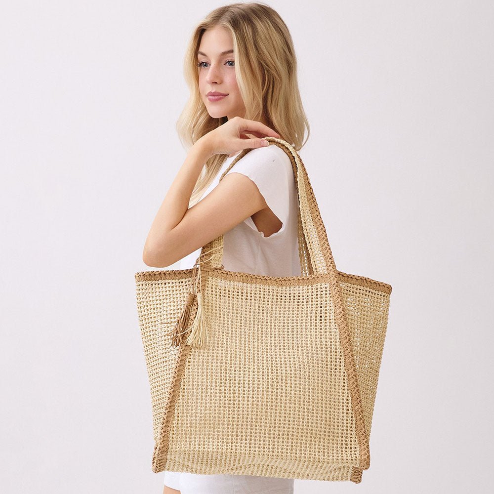 Tassel Accent Two Tone Woven Straw Tote Bag - Southern Serenity