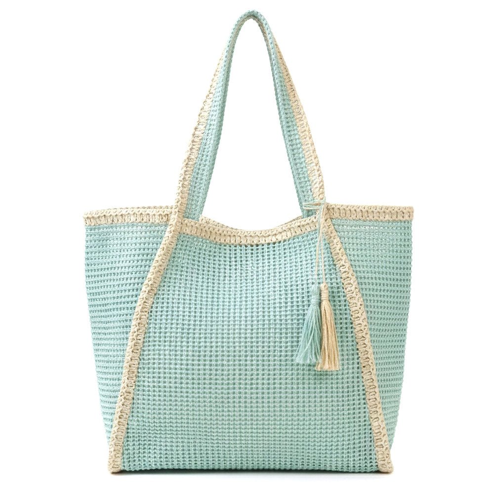Tassel Accent Two Tone Woven Straw Tote Bag - Southern Serenity